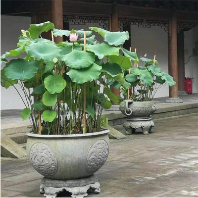 青石仿古做舊浮雕 景區室外荷花圓水缸