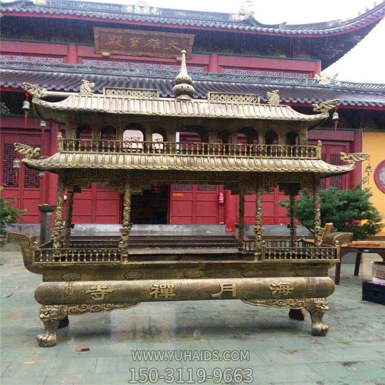 八龍柱仿古道教寺院二層黃銅香爐雕塑