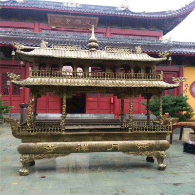 八龍柱仿古道教寺院二層黃銅香爐