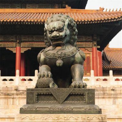 銅雕仿古門口對獅子雕塑大型景區裝飾擺件