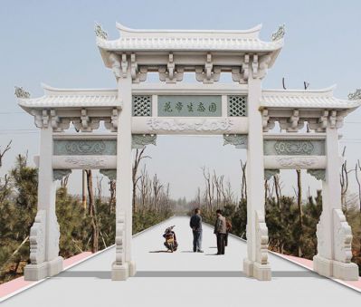 生態園景區大理石三門牌坊浮雕擺件