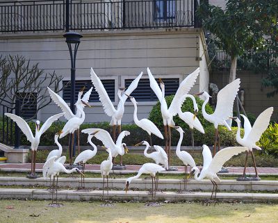 公園廣場一群玻璃鋼飛翔的鶴雕塑