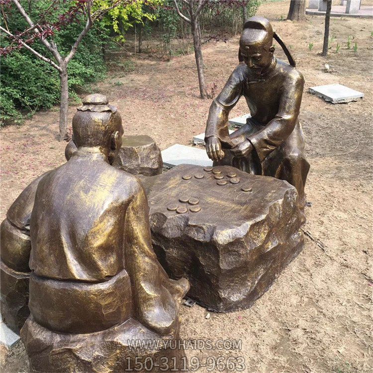 下棋，古代人物玻璃鋼仿銅場景雕塑